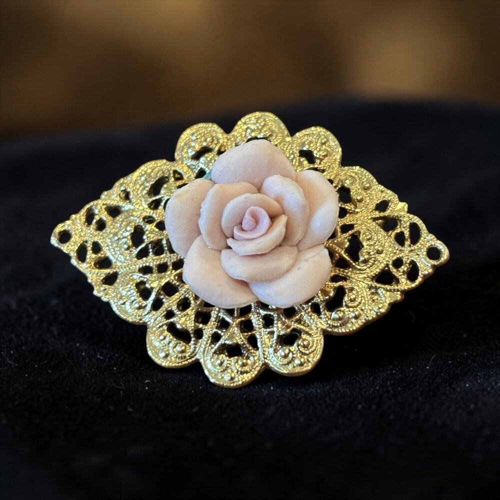Blush Rose Filigree Brooch Romantic Cottagecore Victorian Revival 1928 Jewelry